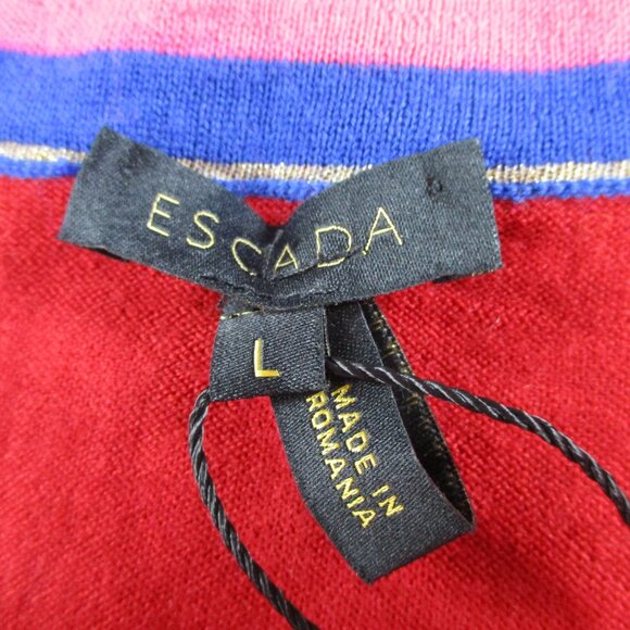 Escada Cardigan Sweater Womens Large Cherry Red Blue Pink Virgin Wool Button Up - Picture 8 of 11